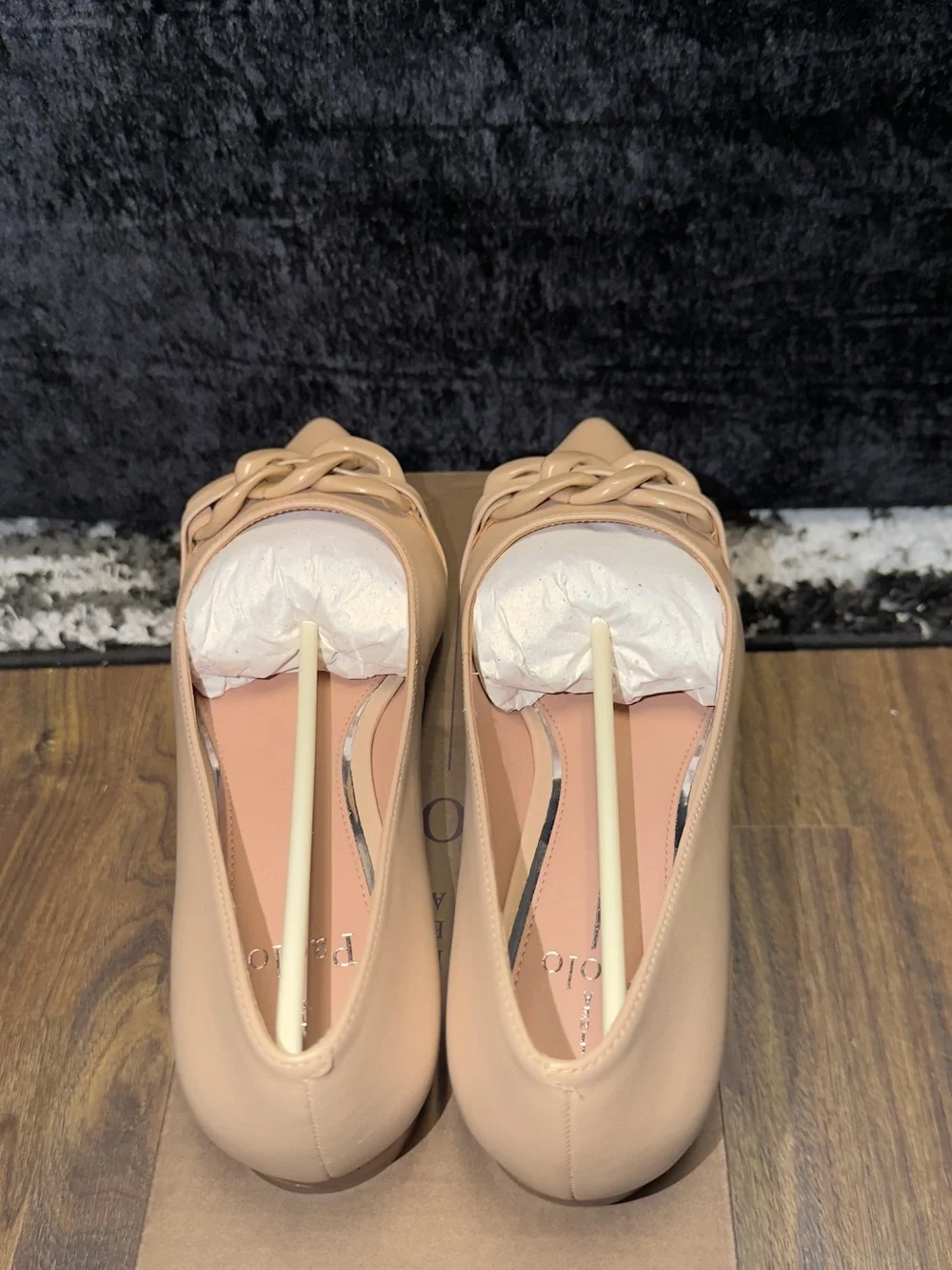 Paolo Pointed Toe Chain-Link Flats in Beige